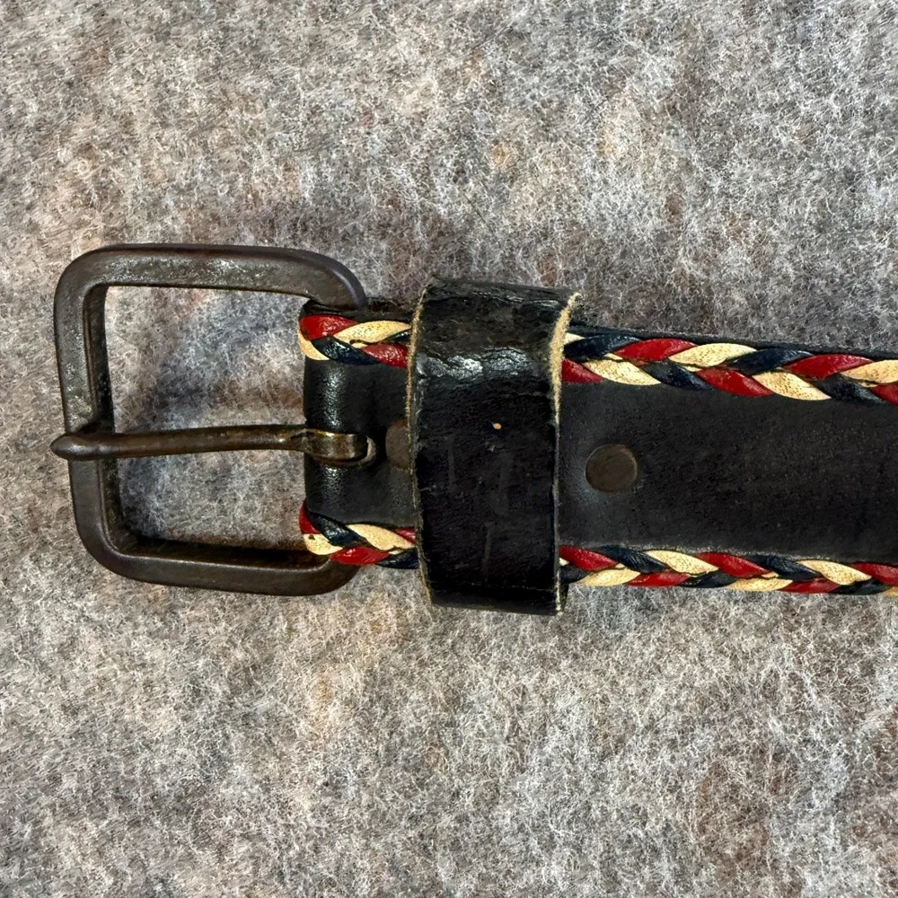 Leather Belt Women 38 Cowhide Leather Black Red White Blue Braided Trim Western